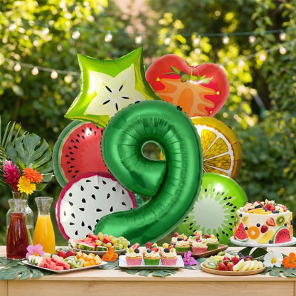 Ballon anniversaire fruits kiwi melon fraise orange numero 9 table gateau fruits jus