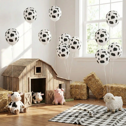 Ballon anniversaire imprime vache mini ferme bois nappe carreau noir blanc paille toutous animaux