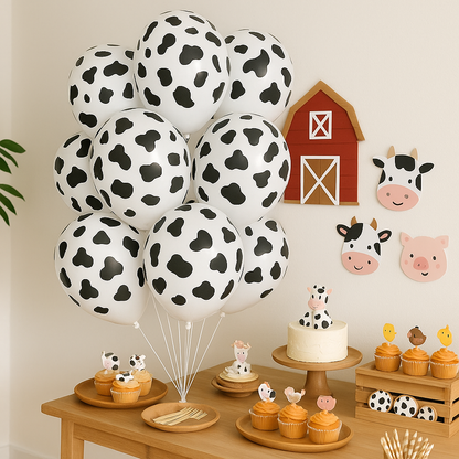 Ballon anniversaire imprime vache table dessert gateau cupcakes mini ferme