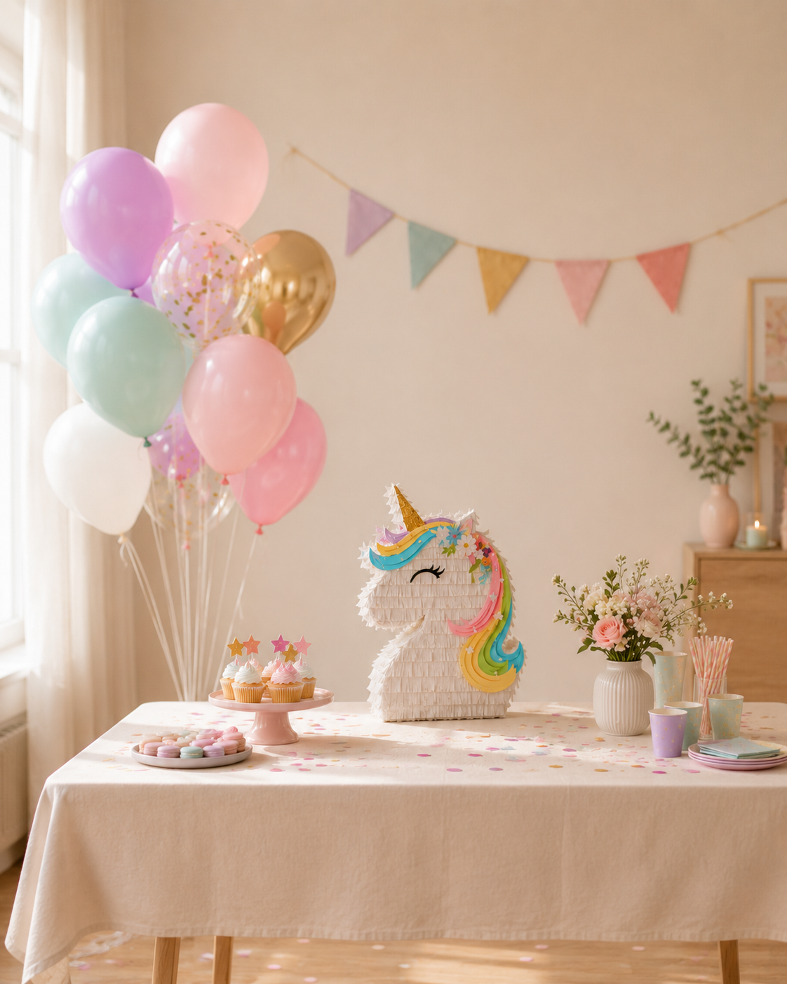 Pinata licorne ballons pastel banderole cupackes gateau