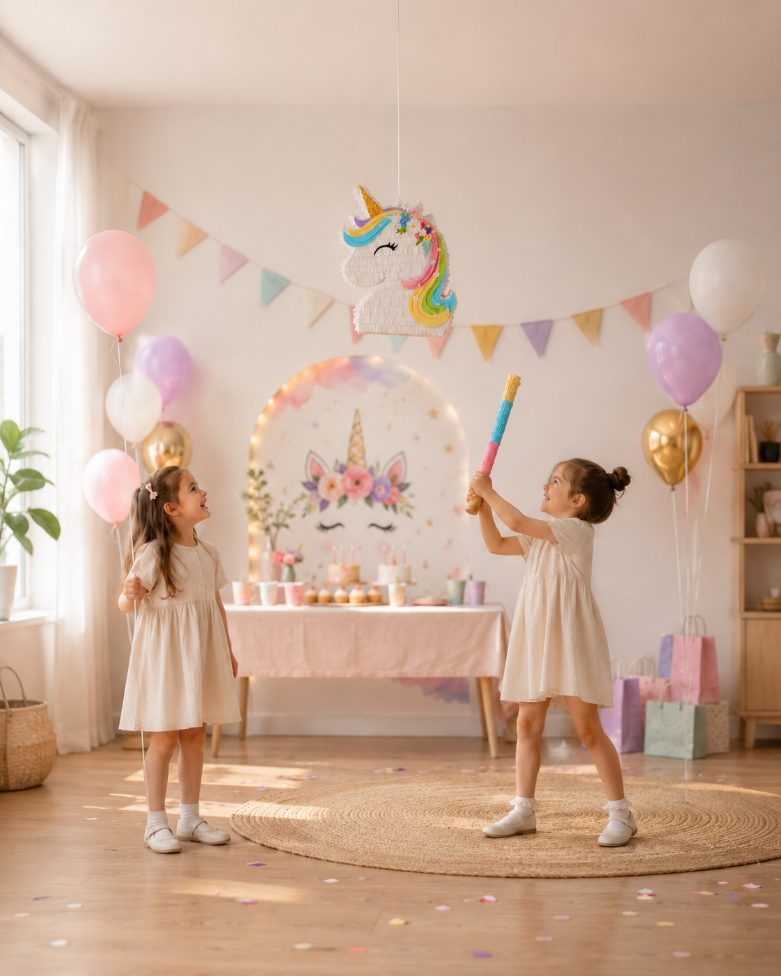 Pinata licorne fillette ballon table cupcakes banderole