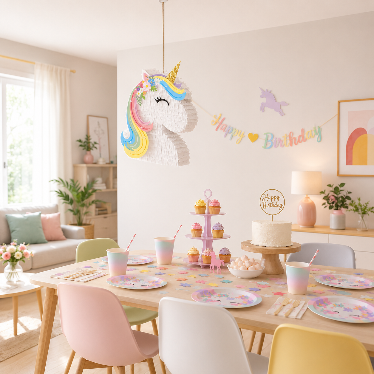 Pinata licorne suspendue decoration table licorne cupackes gateau chaise pastel