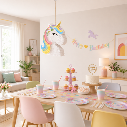 Pinata licorne suspendue decoration table licorne cupackes gateau chaise pastel