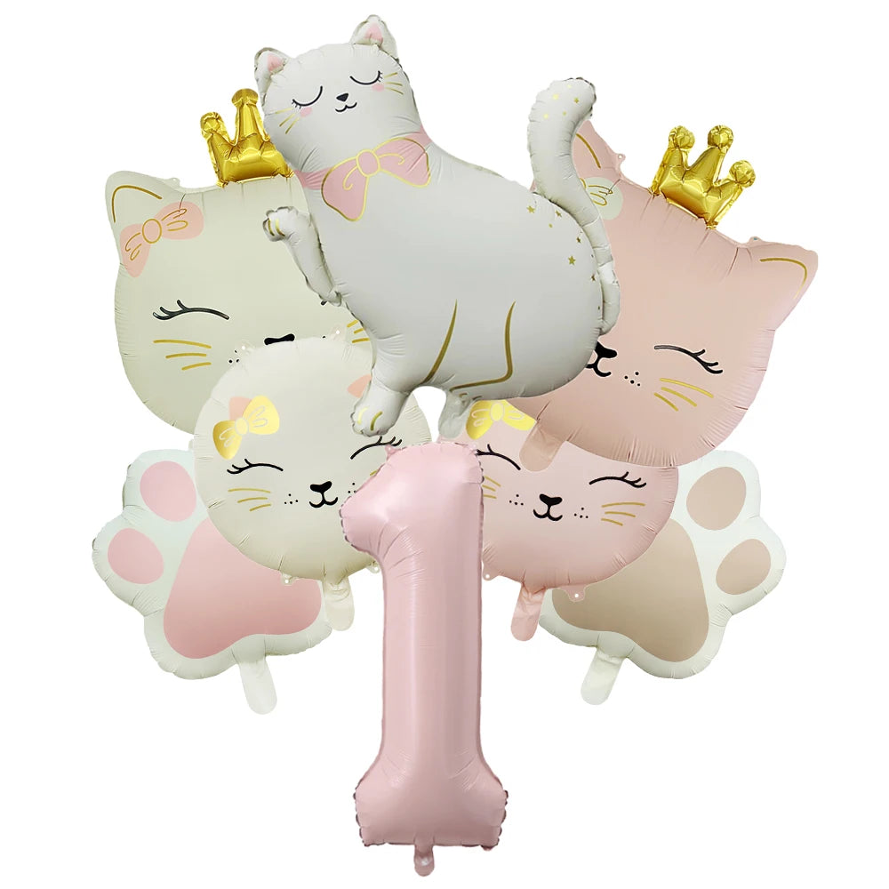 Ballons Anniversaire Chat Rose avec Chiffre | Lot de 7 pièces