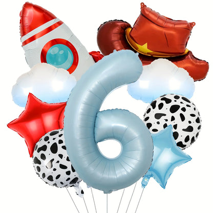 9Pcs Cloud Rocket Cowboy Hat Balloon Set Digital Numbers for Birthday Western Party Baby Shower Christening Wedding Celebration