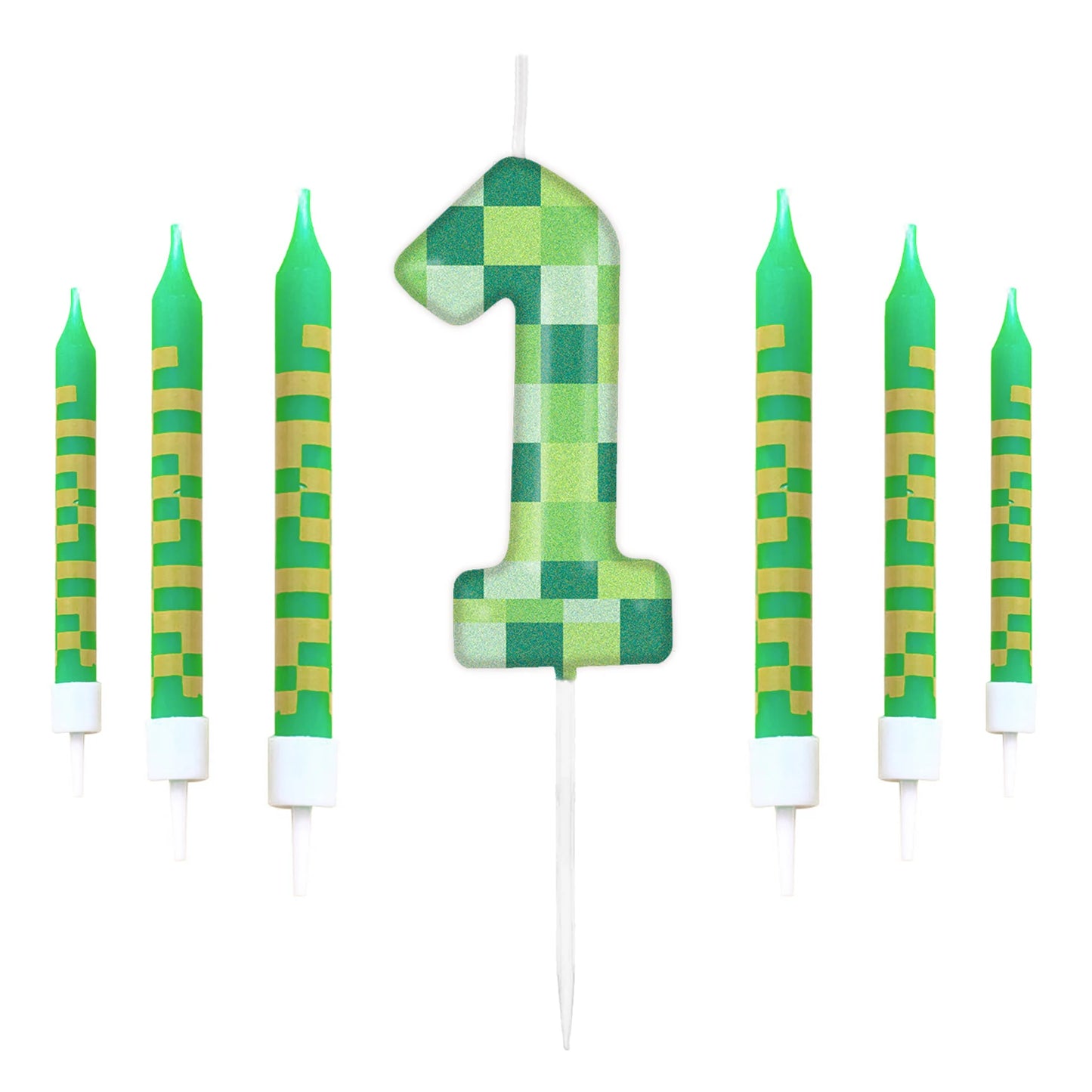 7pcs Green my world Candle Birthday Party Pixel Theme Birthday Party Video Game Party Decoration 0-9 Cake Top Digital Candles