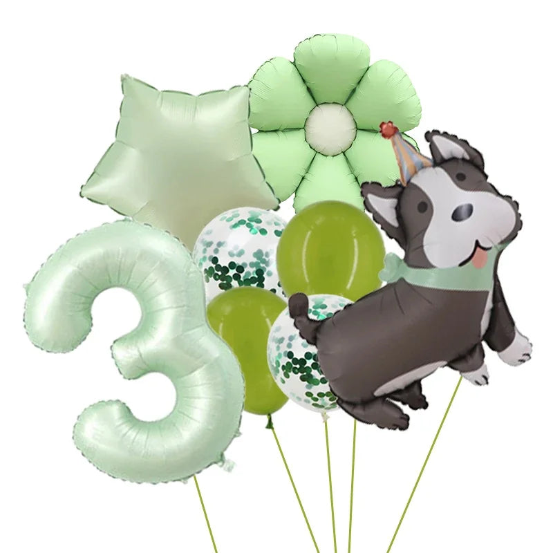 Ballons Anniversaire Chien Vert | Lot de 8 Pièces