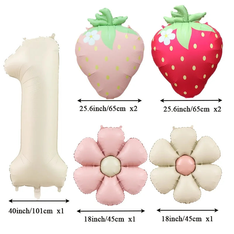 7Pcs Fruit Strawberry Flower Foil Balloon with 40inch Cream Number Balloon Berry First Birthday Sweet Summer Party Supplies
