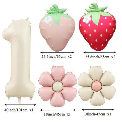 7Pcs Fruit Strawberry Flower Foil Balloon with 40inch Cream Number Balloon Berry First Birthday Sweet Summer Party Supplies