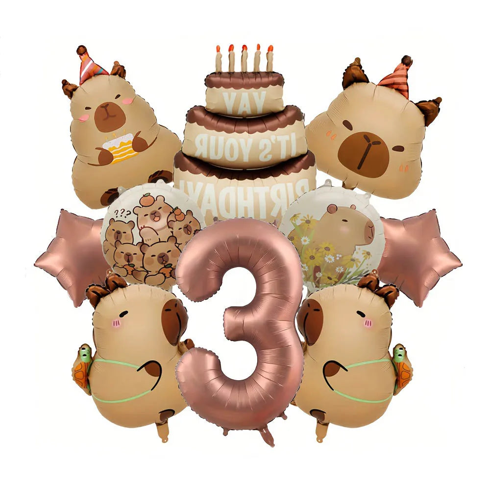 10Pcs Cartoon Animal Capybara Theme Birthday Cake Foil Balloon Children Birthday Party Coffee Number  Balloon Baby Shower Decora