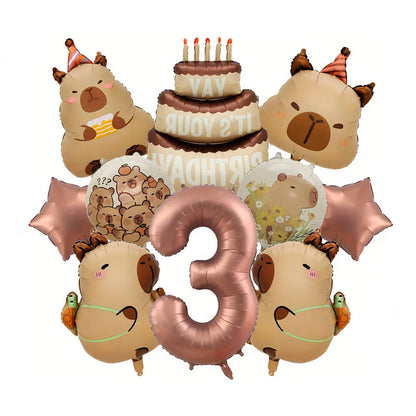 10Pcs Cartoon Animal Capybara Theme Birthday Cake Foil Balloon Children Birthday Party Coffee Number  Balloon Baby Shower Decora