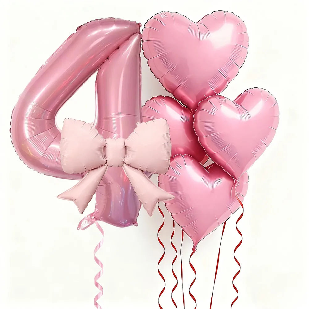 6pcs Pink Bow Heart Balloon with 32Inch Pink Number Foil Balloon for Birthday Party Wedding Engagements Anniversaries Decoration