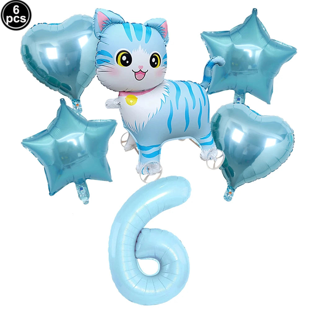 Cat Party Balloons Set Pink Blue Kitten Cat's Paw Foil Balloon with 32'' Number Balloons for Boy Girl 1-9th Birthday Party Decor