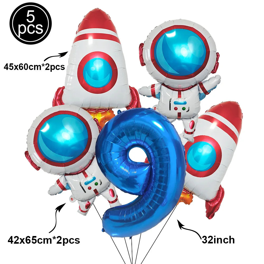 1Set Galaxy Space Balloons Blue 32inchNumber Balloons Rocket Astronaut Balloons for Boys Galaxy Themed Party Birthday Decoration