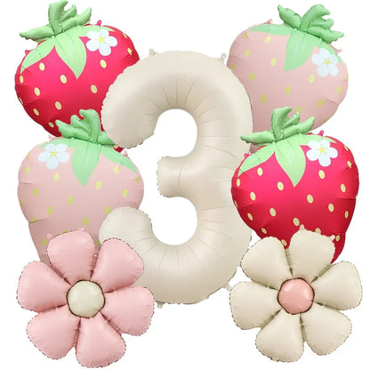 7Pcs Fruit Strawberry Flower Foil Balloon with 40inch Cream Number Balloon Berry First Birthday Sweet Summer Party Supplies