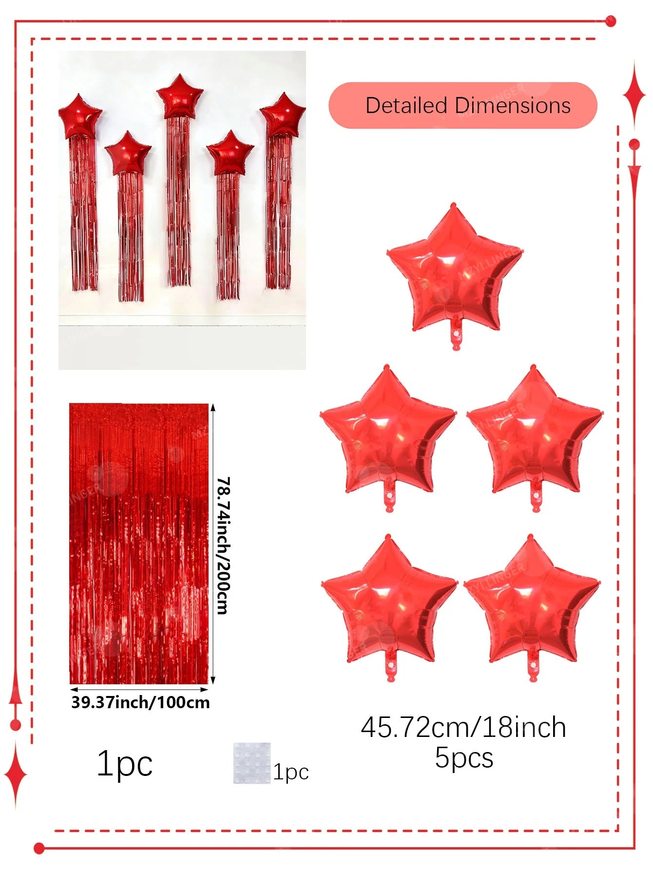 Five pointed star balloon and tassel rain curtain set for birthday parties, weddings, showers, party decorations