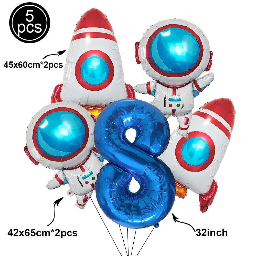 1Set Galaxy Space Balloons Blue 32inchNumber Balloons Rocket Astronaut Balloons for Boys Galaxy Themed Party Birthday Decoration
