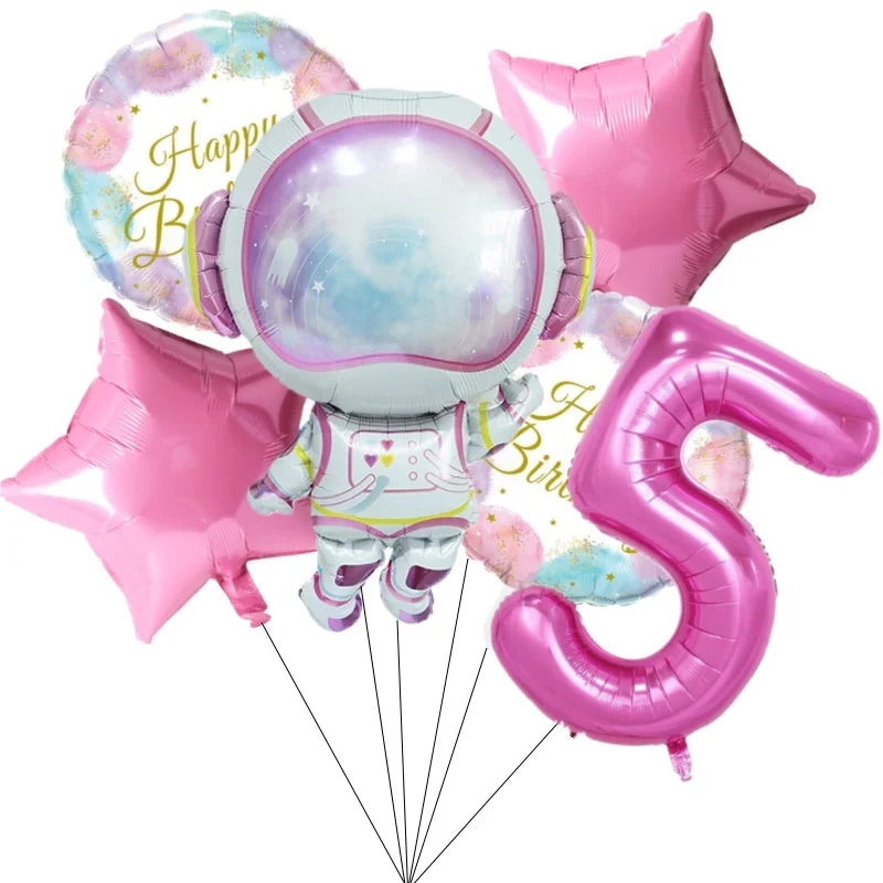 Ballons Anniversaire Astronaute Rose avec Chiffre 32 pouces | Lot de 6 pièces