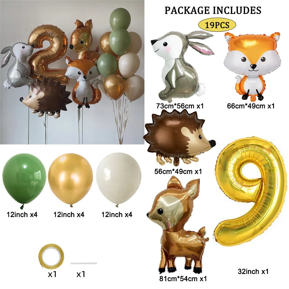 Hedgehog Deer Fox Rabbit Balloon Set Gold Number Balloon for Boy's Woodland Animal Happy Birthday Party Decorations Kids Gifts