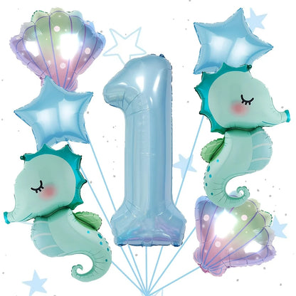 7Pcs Under the Sea World Themed Party Balloon Set New Seahorse 40Inch Blue Number Decor Foil Balloons Birthday Decoration Gifts