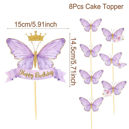 8pcs Purple Pink Butterfly Cake Decorations Happy Birthday Cake Topper Wedding Birthday Party Supplies Dessert Baking Decoration