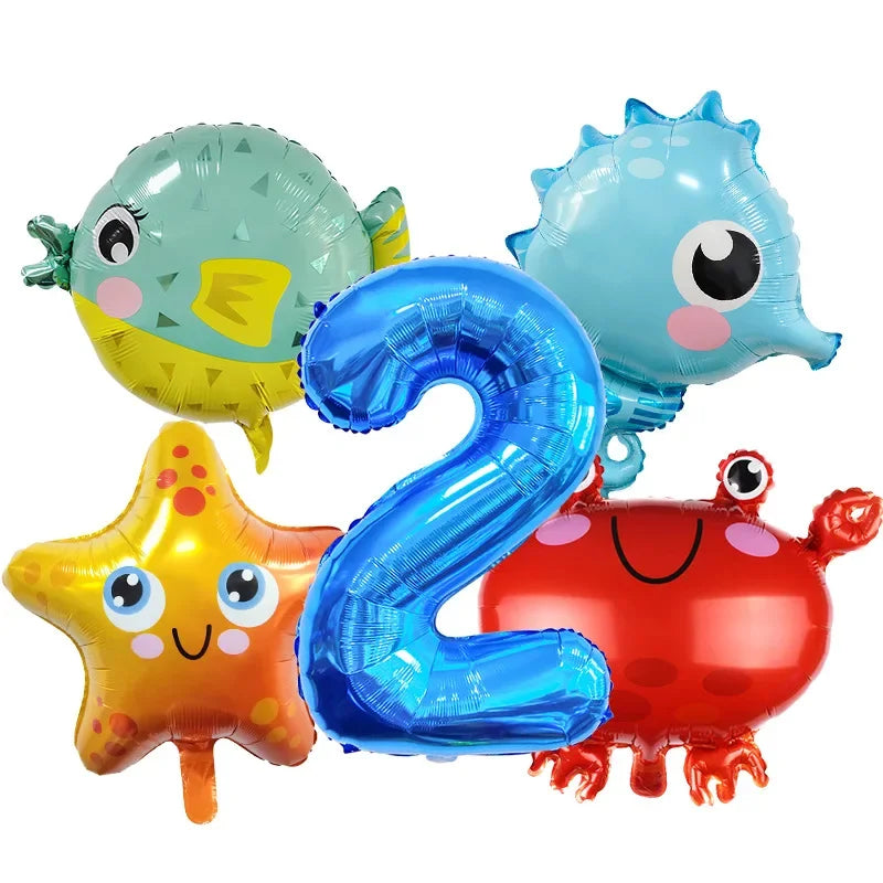 5pcs Ocean Themed Cartoon Animal Balloons 32 inch Blue Number Birthday Balloon Set Festive Party Decoration Birthday Supplies