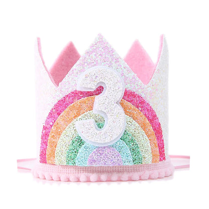 Felt Rainbow Theme Birthday Party Crown 1st 2nd 3rd Happy Birthday Party Decor Kids Baby Shower Party Number Hat Unicorn Party