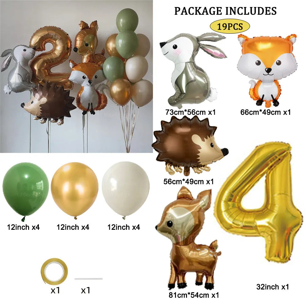 Hedgehog Deer Fox Rabbit Balloon Set Gold Number Balloon for Boy's Woodland Animal Happy Birthday Party Decorations Kids Gifts