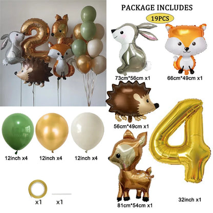 Hedgehog Deer Fox Rabbit Balloon Set Gold Number Balloon for Boy's Woodland Animal Happy Birthday Party Decorations Kids Gifts