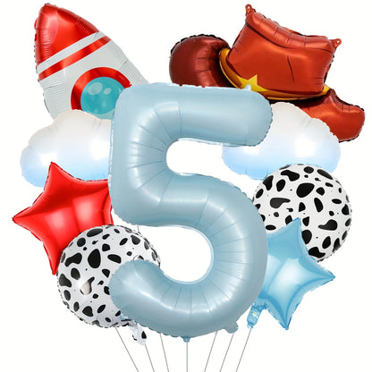 9Pcs Cloud Rocket Cowboy Hat Balloon Set Digital Numbers for Birthday Western Party Baby Shower Christening Wedding Celebration