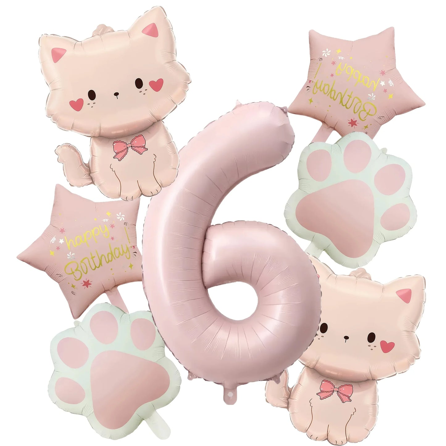 Ballons anniversaire chat rose | Lot de 7 pièces