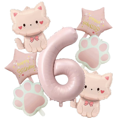 Ballons anniversaire chat rose | Lot de 7 pièces