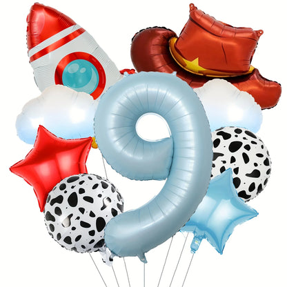 9Pcs Cloud Rocket Cowboy Hat Balloon Set Digital Numbers for Birthday Western Party Baby Shower Christening Wedding Celebration