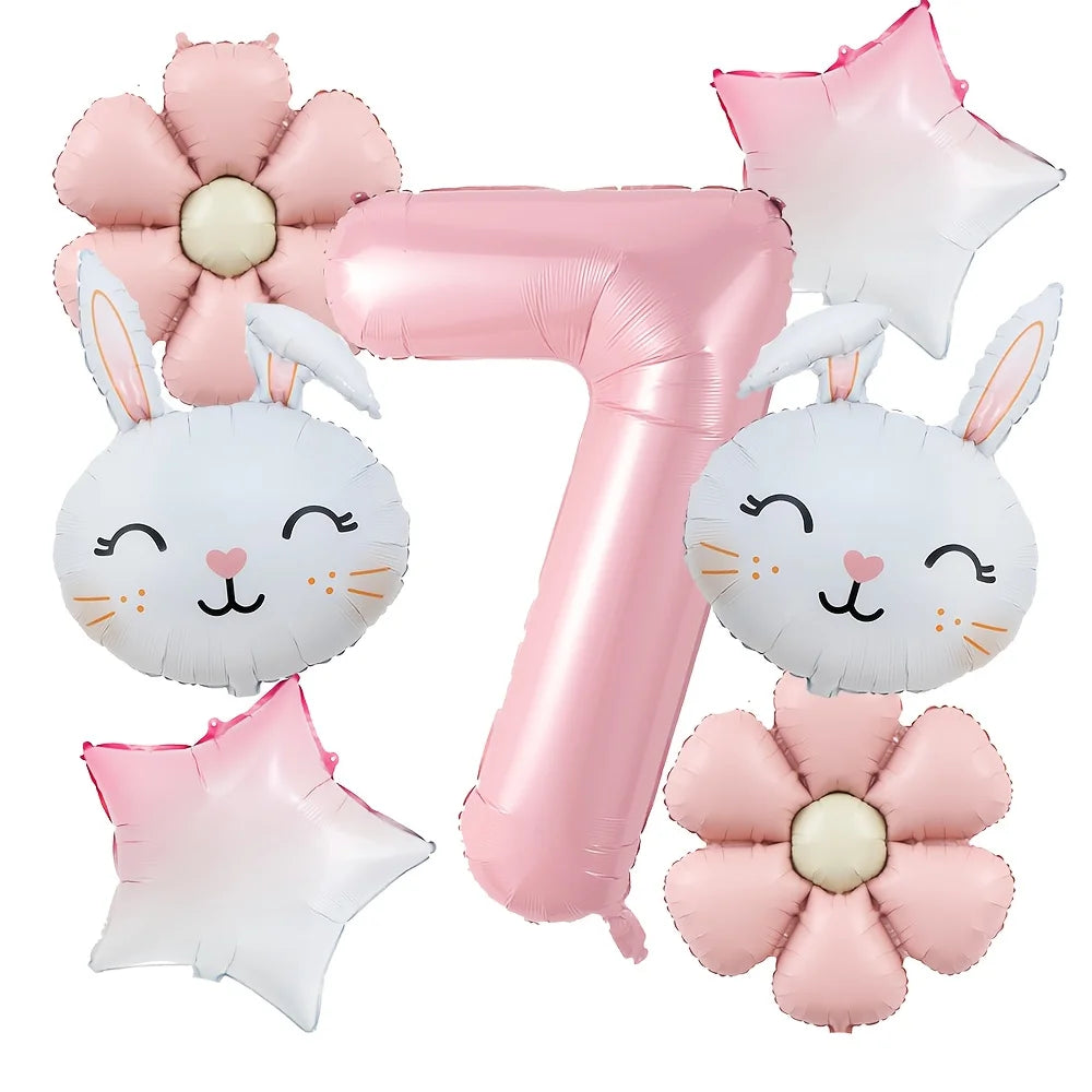 7pcs/set Easter Themed Cartoon Rabbit Matte Pink Daisy Balloon 32inch Number 1-9 Balloon Birthday Party Decoration Kids Toys