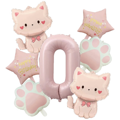 Ballons anniversaire chat rose | Lot de 7 pièces