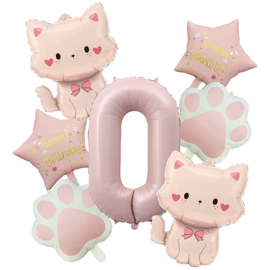 Ballons anniversaire chat rose | Lot de 7 pièces