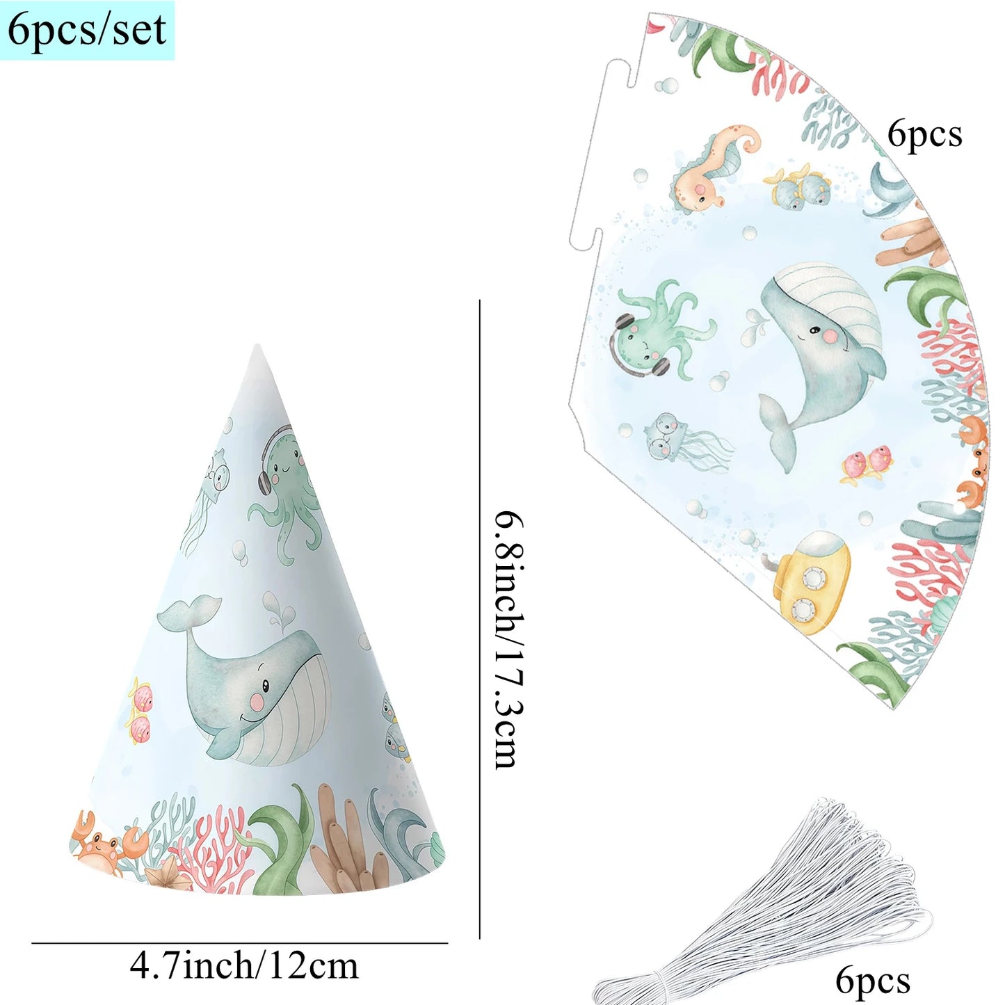 6pcs/set Sea Animal Party Hat Cartoon Under the Water Animal Paper Hats For Happy Birthday Party Decoration DIY Gifts Supplies