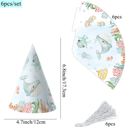 6pcs/set Sea Animal Party Hat Cartoon Under the Water Animal Paper Hats For Happy Birthday Party Decoration DIY Gifts Supplies