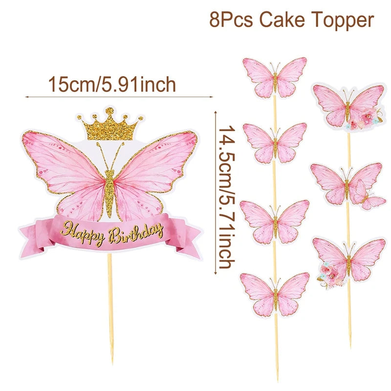 8pcs Purple Pink Butterfly Cake Decorations Happy Birthday Cake Topper Wedding Birthday Party Supplies Dessert Baking Decoration