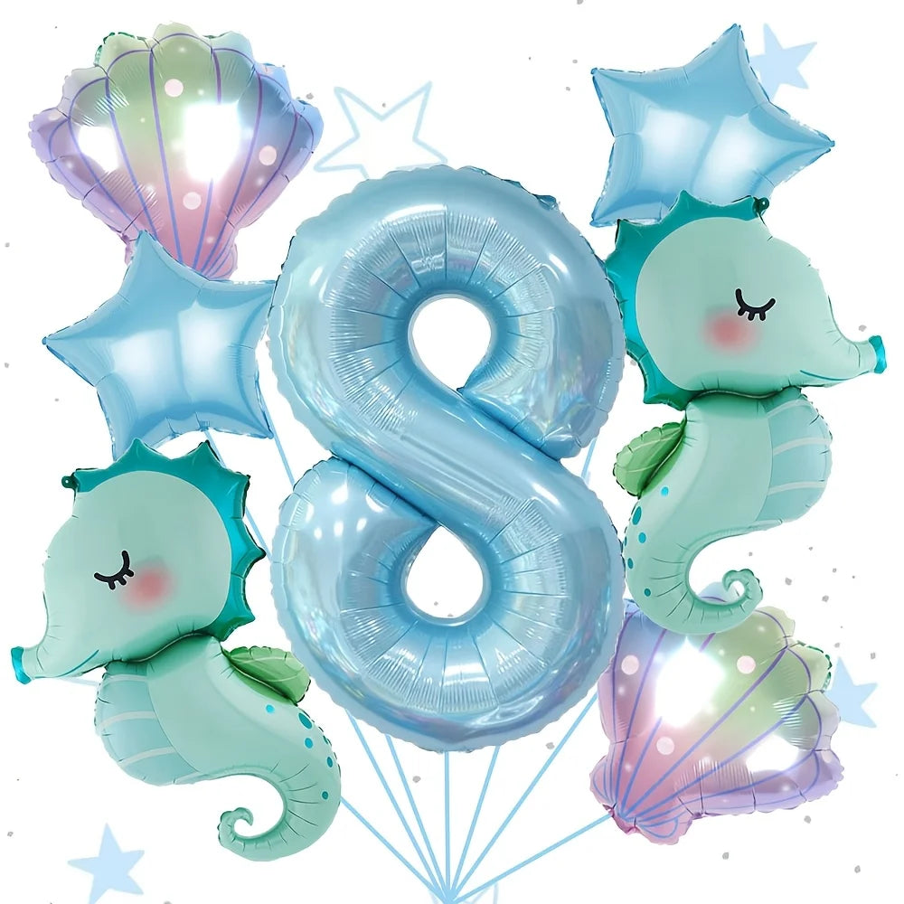7Pcs Under the Sea World Themed Party Balloon Set New Seahorse 40Inch Blue Number Decor Foil Balloons Birthday Decoration Gifts