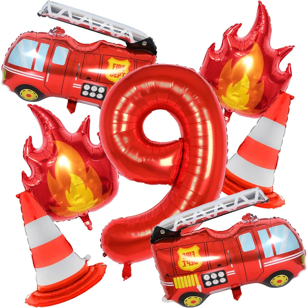 1Set Fire Truck Balloons Set Red 32Inch Number Balloon Flame Balloons For Baby Shower Firefighter Birthday Party Decoration