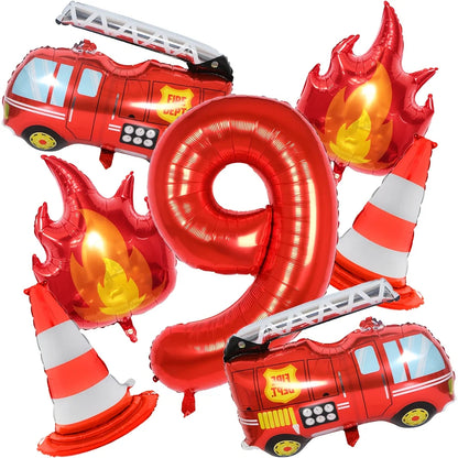 1Set Fire Truck Balloons Set Red 32Inch Number Balloon Flame Balloons For Baby Shower Firefighter Birthday Party Decoration