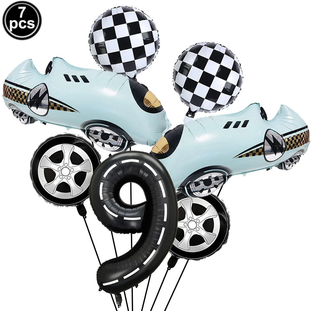 7 Pcs Race Car Birthday Balloons 40 Inch Racetrack Black Number 3 Balloon for 3st Birthday Race Car Theme Party Decor Supplies