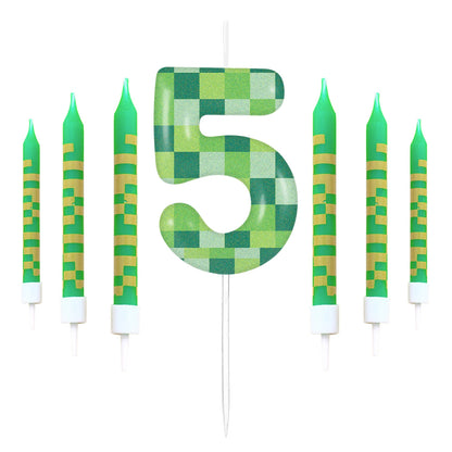 7pcs Green my world Candle Birthday Party Pixel Theme Birthday Party Video Game Party Decoration 0-9 Cake Top Digital Candles
