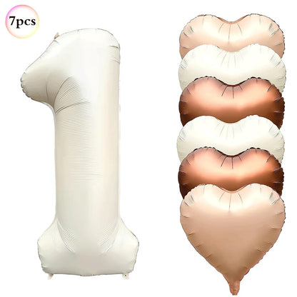 Ballon Chiffre Anniversaire Crème | Cœurs | Lot de 7 Pièces