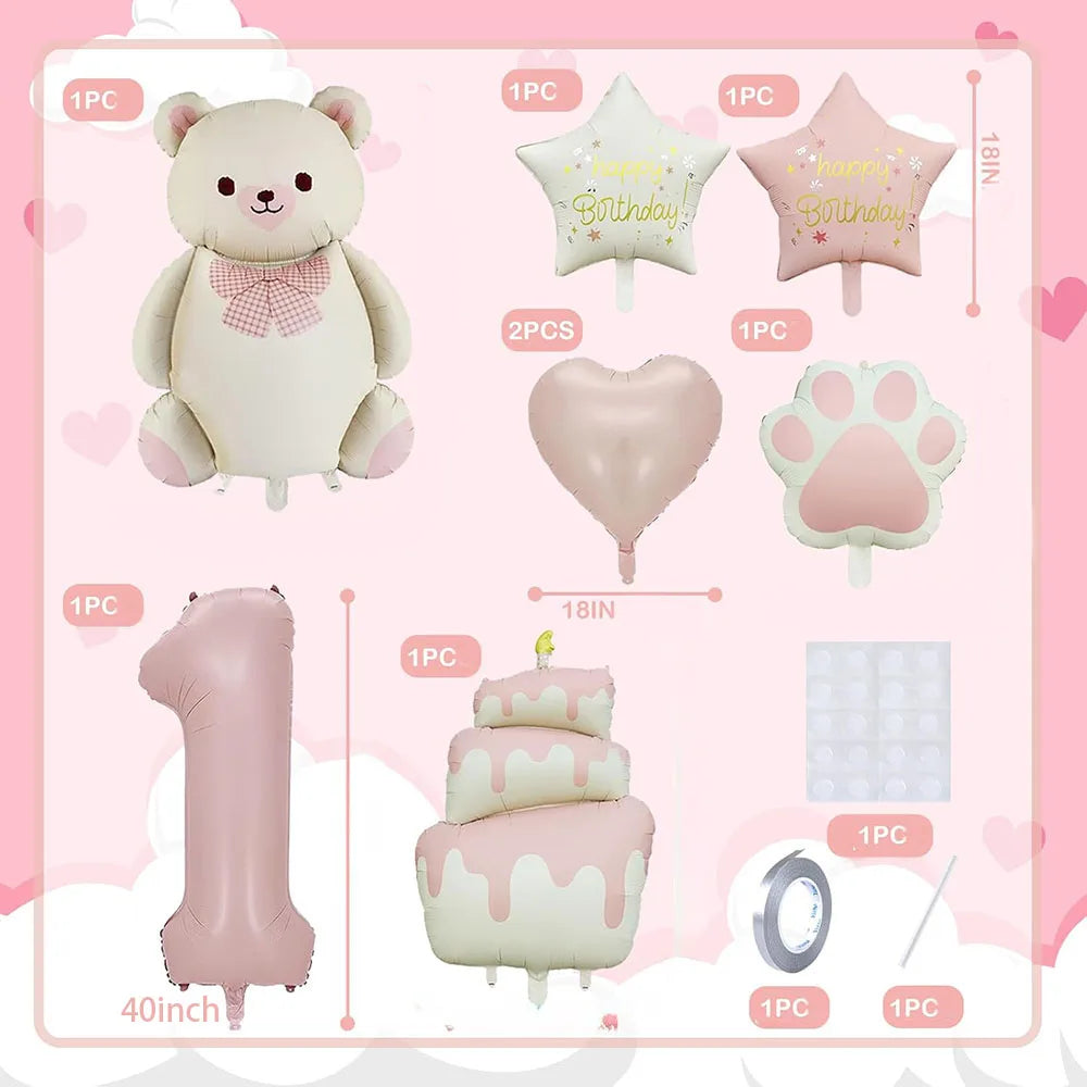8pcs Pink Matte Bear Foil Theme Balloon for Birthday Party Decoration Cute Animal Bear Theme Event Baby Shower Decorations Gift