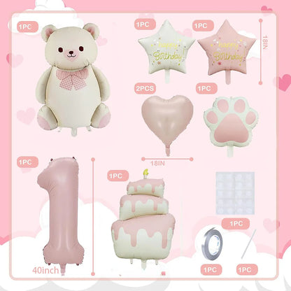 8pcs Pink Matte Bear Foil Theme Balloon for Birthday Party Decoration Cute Animal Bear Theme Event Baby Shower Decorations Gift