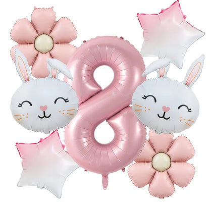 7pcs/set Easter Themed Cartoon Rabbit Matte Pink Daisy Balloon 32inch Number 1-9 Balloon Birthday Party Decoration Kids Toys