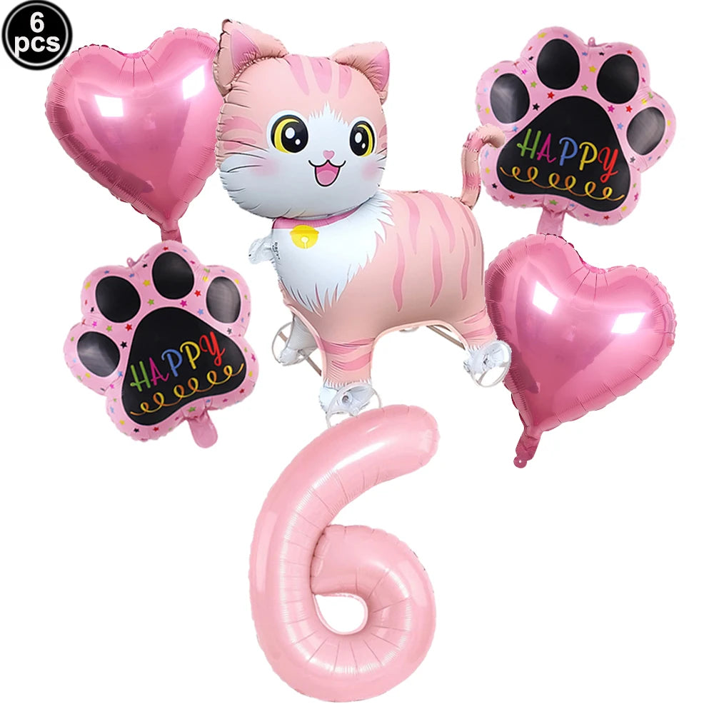 Cat Party Balloons Set Pink Blue Kitten Cat's Paw Foil Balloon with 32'' Number Balloons for Boy Girl 1-9th Birthday Party Decor