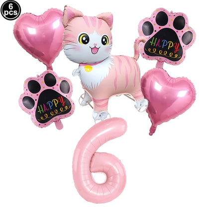 Cat Party Balloons Set Pink Blue Kitten Cat's Paw Foil Balloon with 32'' Number Balloons for Boy Girl 1-9th Birthday Party Decor